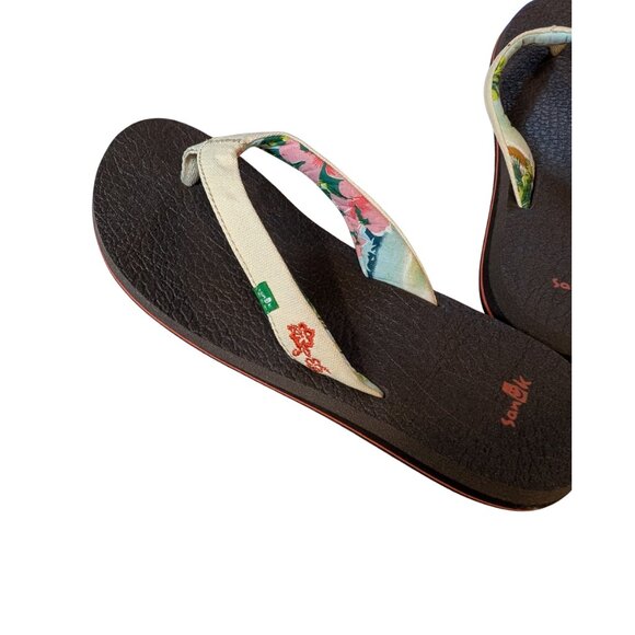 Sanuk Women’s 10 Yoga Paradise Palm Print Flip Flop Sandals Brown Canvas Strap - Picture 8 of 8